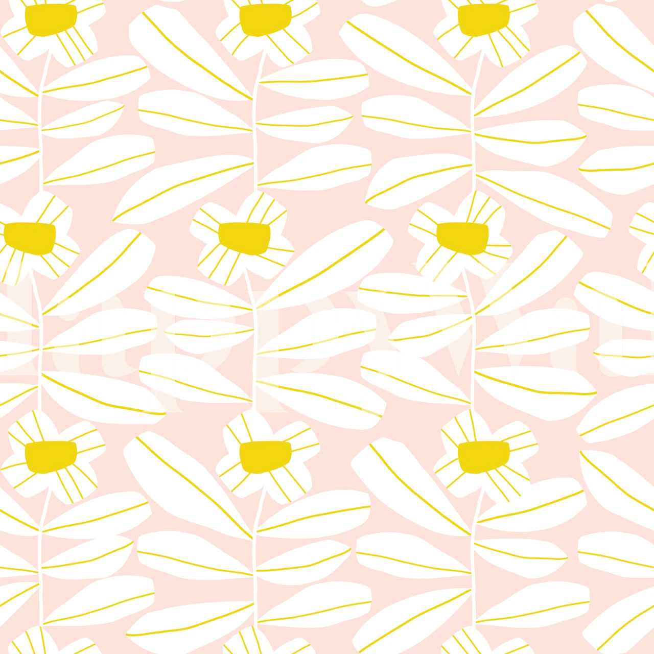 Pastellinpunainen kukkainen seinämaalaus, jossa on valkoisia koiranputkea keltaisilla keskuksilla.