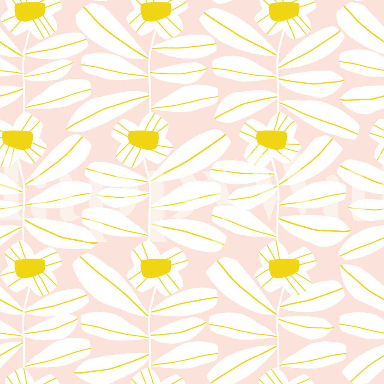 Pastel pink floral wall mural featuring white daisies with yellow centers.