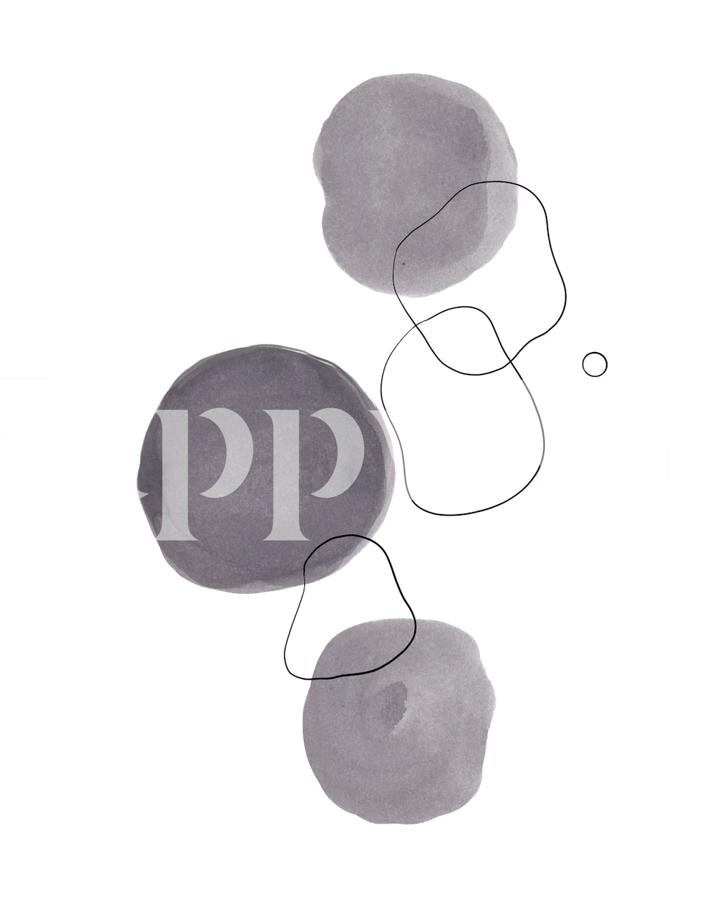 Minimalistická abstraktní nástěnná malba zobrazující šedé kruhy spojené tenkými čarami na bílém pozadí