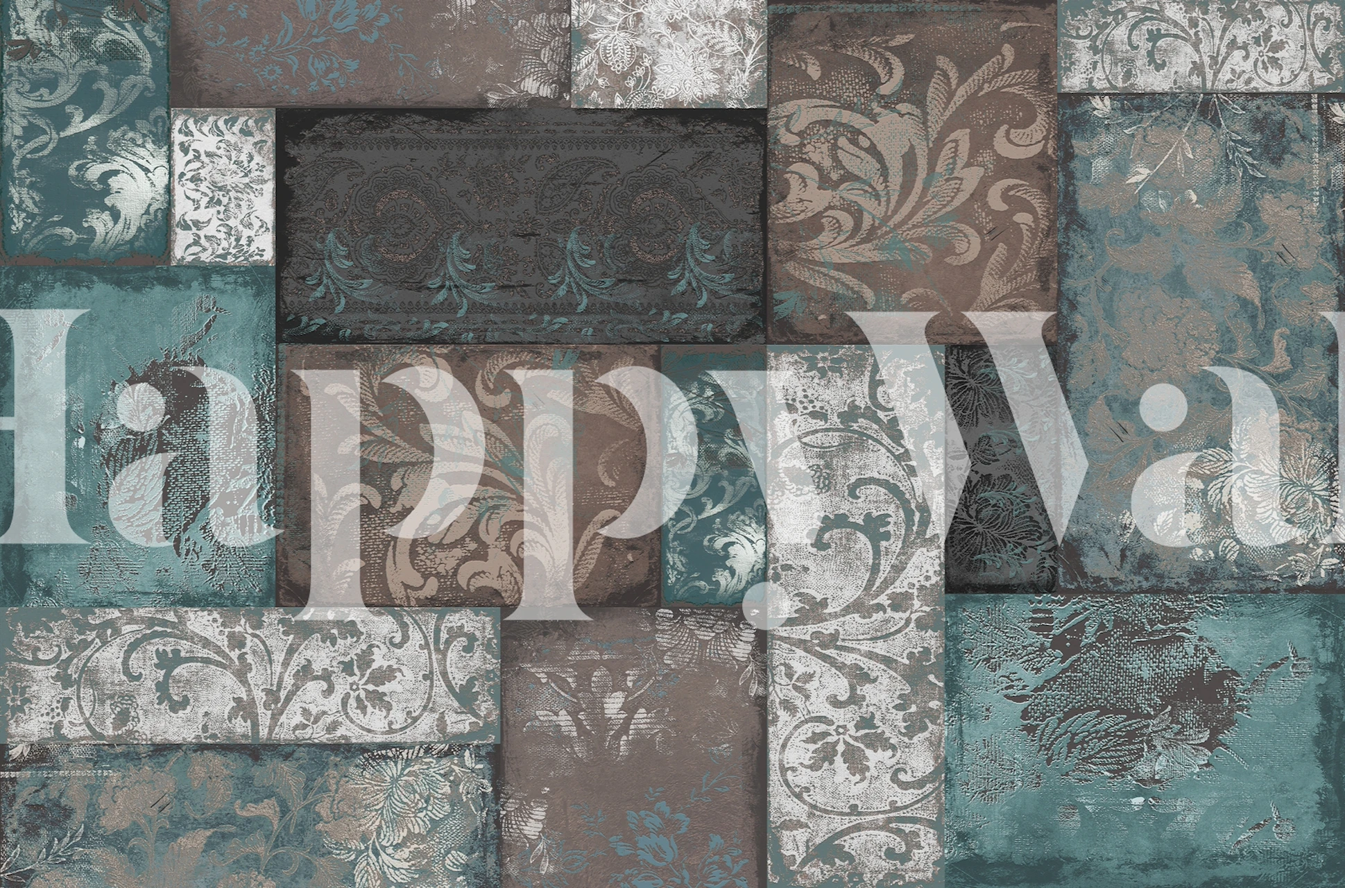 Bohemian Patchwork aqua taupe wallpaper in a room