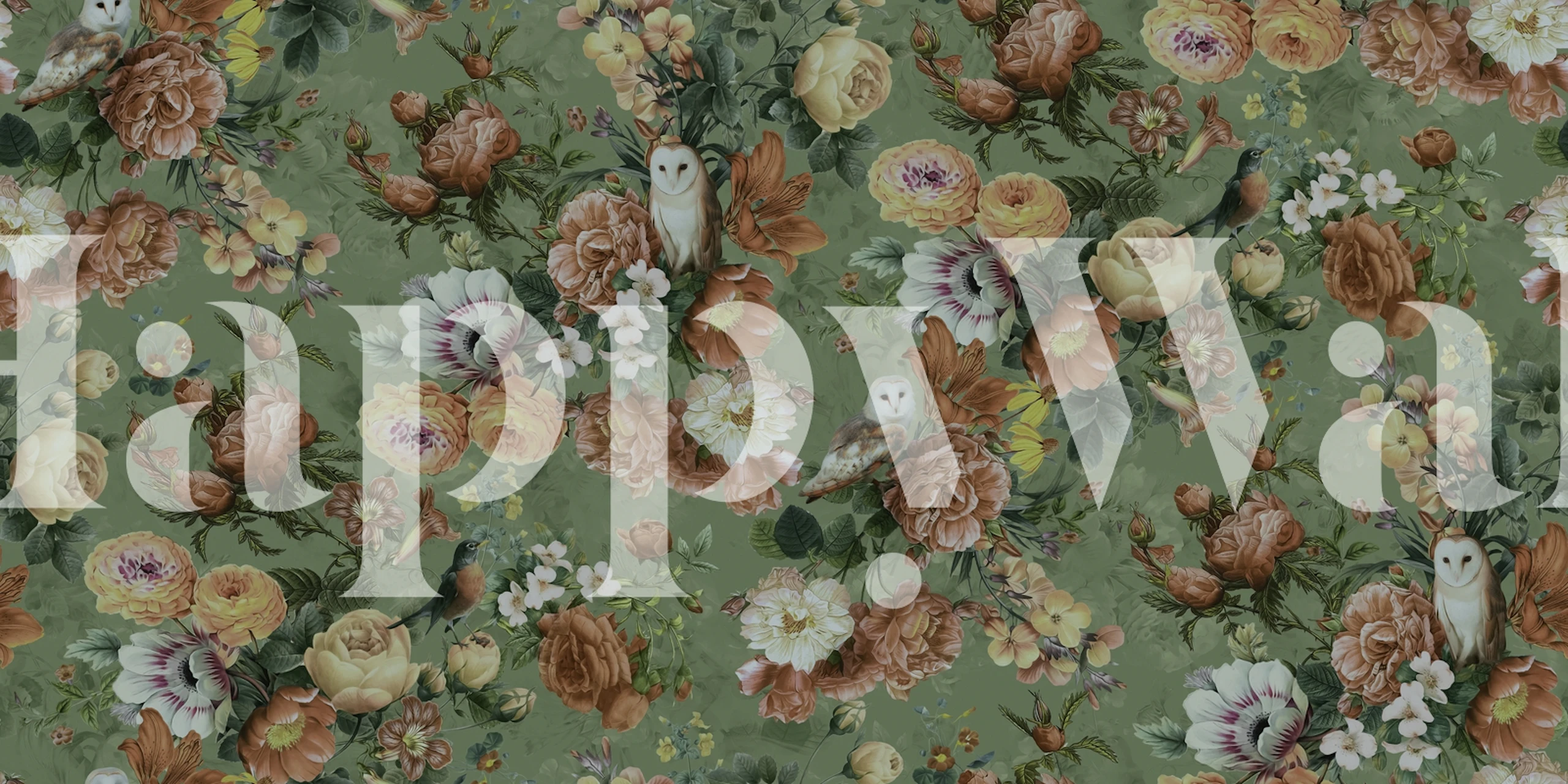 Owl and floral garden design in soft green and warm tones wallpaper