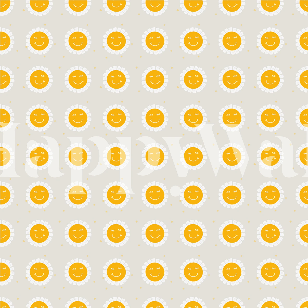 Smiley face patterns in yellow on light gray wallpaper