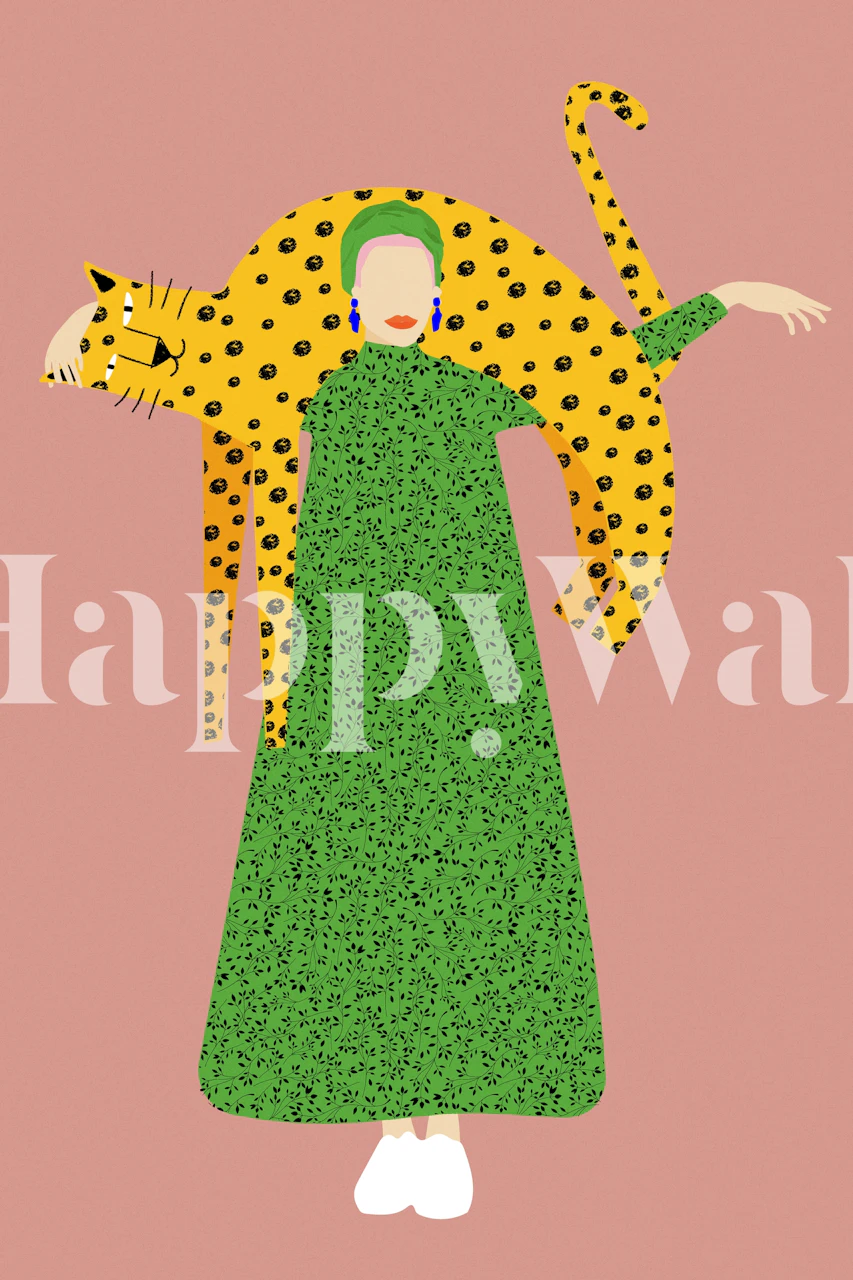 Colorful design featuring a woman in a green dress holding a yellow cat wallpaper