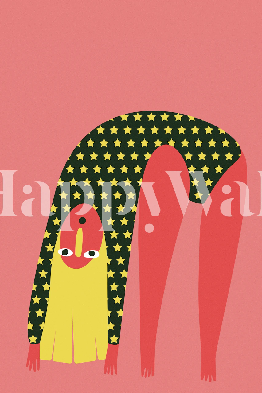 Quirky character with star-patterned body on a coral background