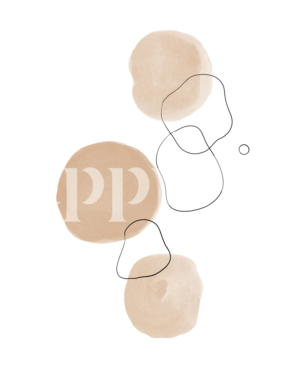 Beige abstract circles and black line art wallpaper