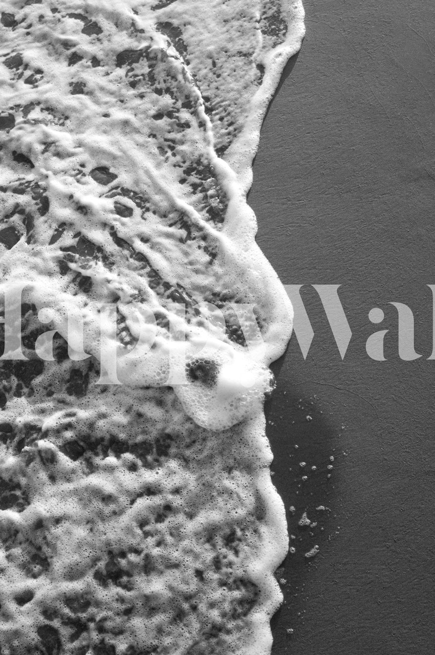 Monochrome ocean wave wall mural with frothy waters caressing the sandy shore