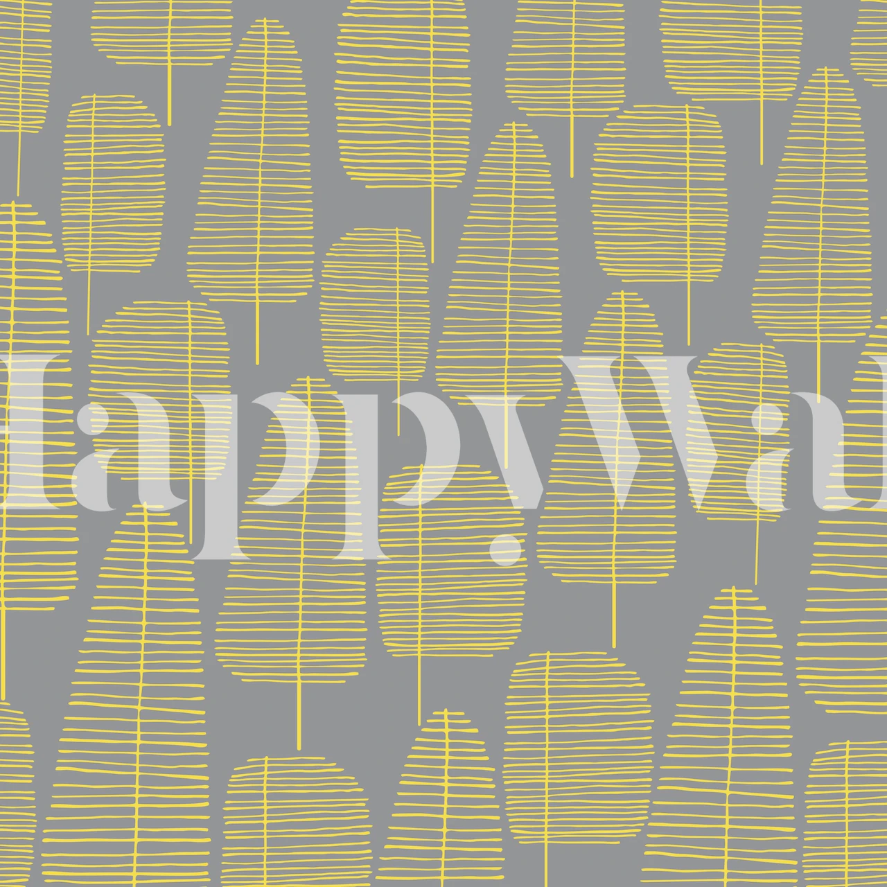 Mid-century modern style forest wall mural with stylized trees and geometric patterns