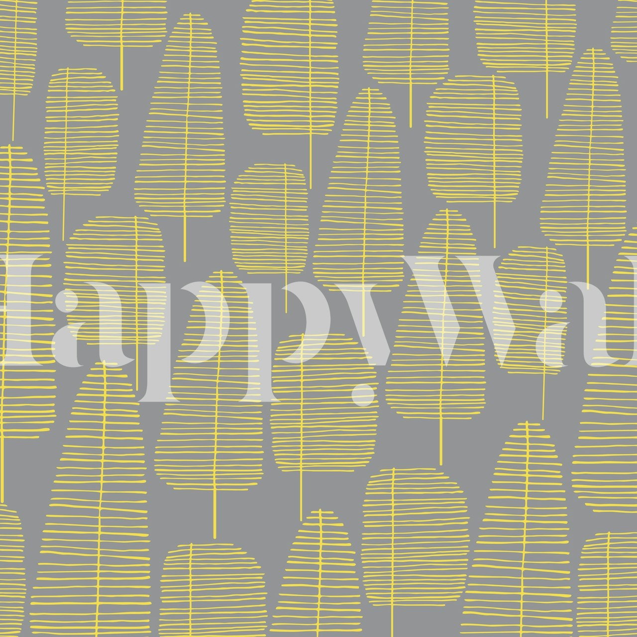 Mid-century modern style forest wall mural with stylized trees and geometric patterns