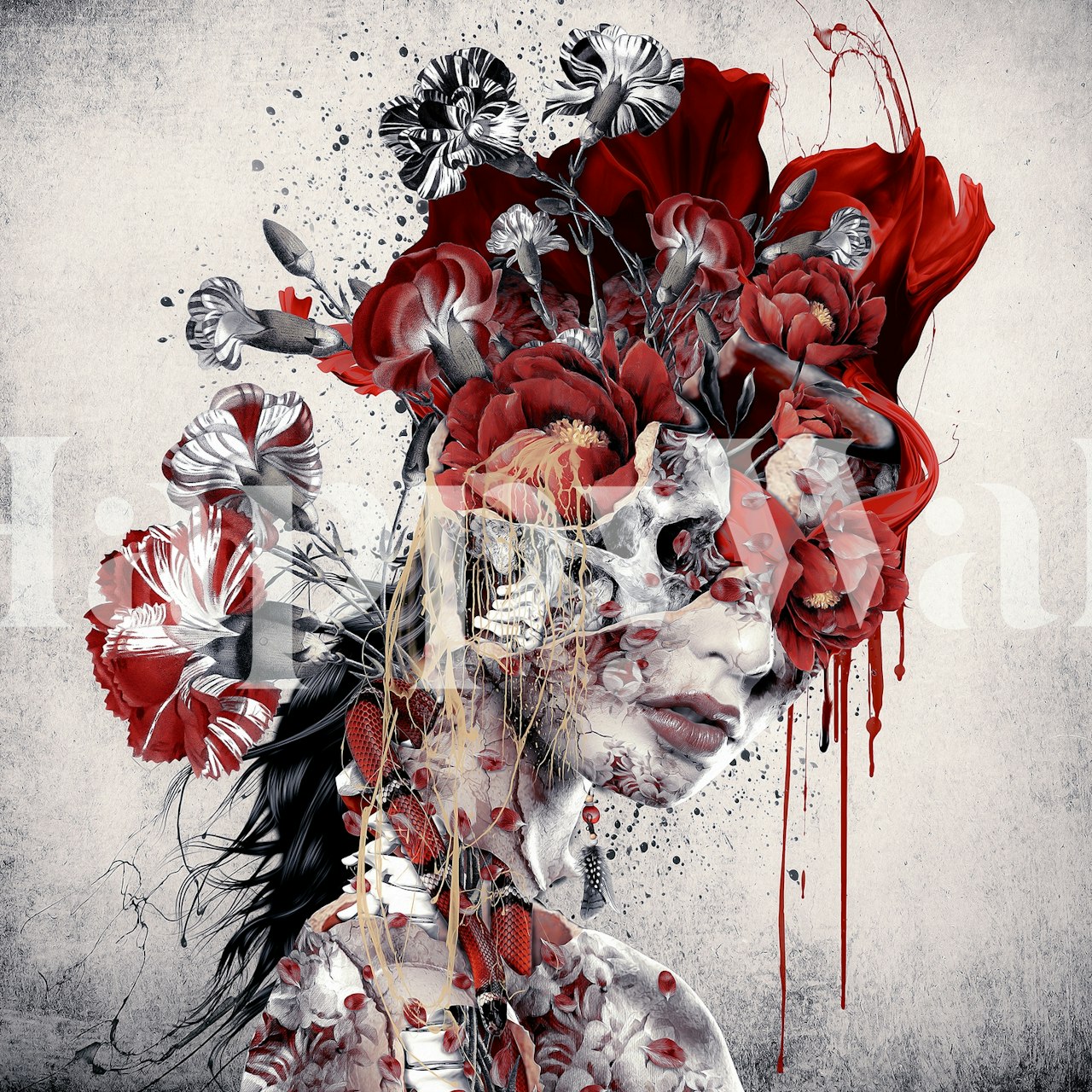 Mural abstracto Reina de Calaveras con flores rojas y motivos de calaveras.