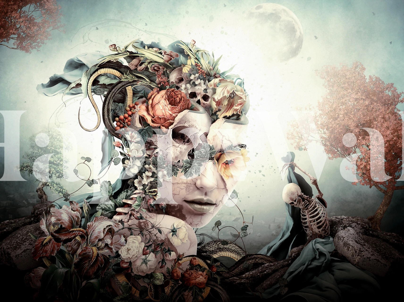 Floral and skull design in pastel colors, abstract wallpaper