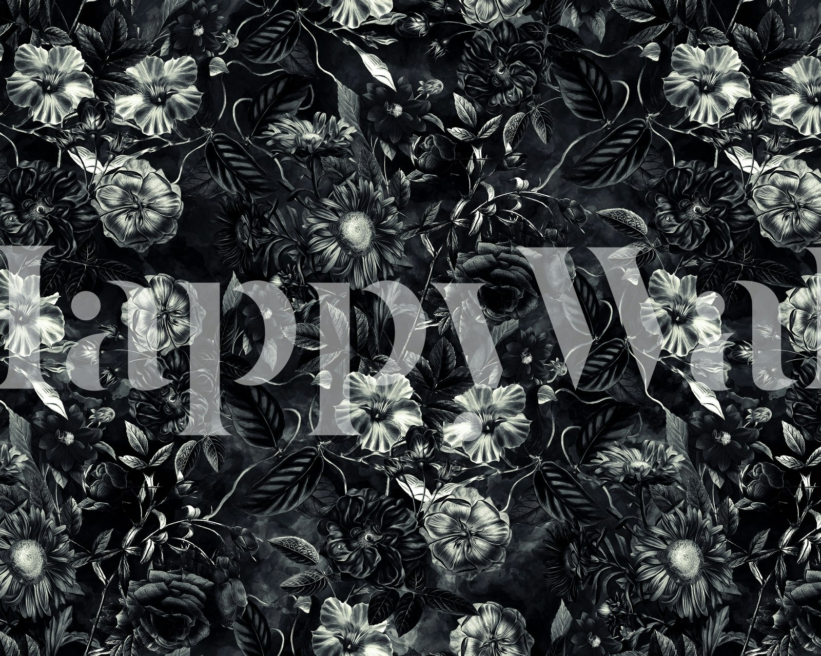 Black floral pattern with dark leaves and nuanced details wallpaper