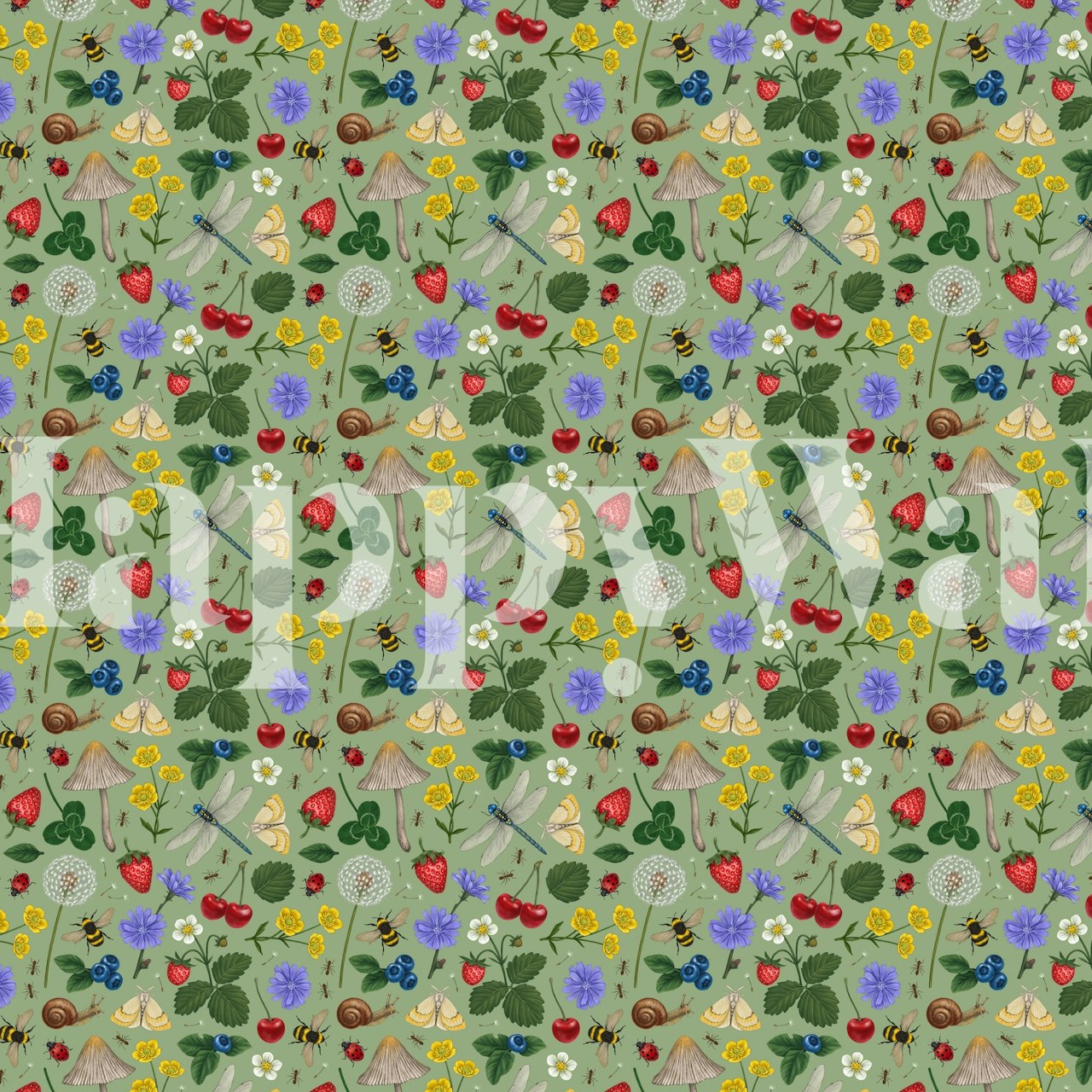 Colorful garden flowers and mushrooms pattern on green wallpaper
