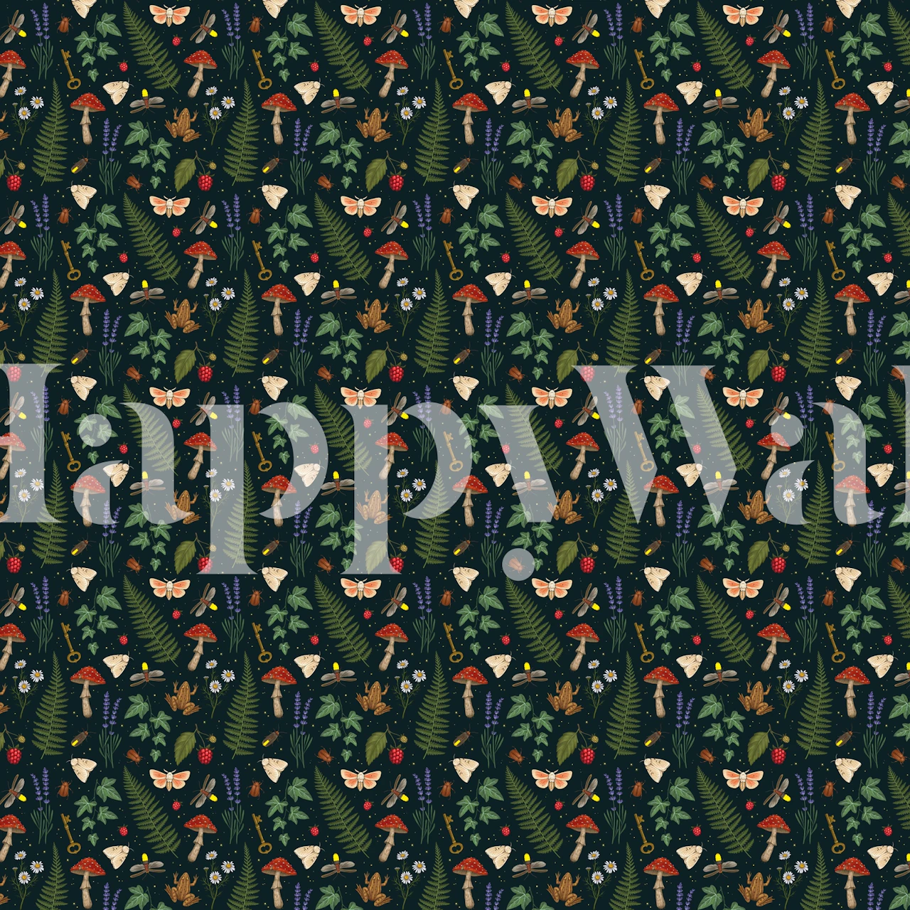 Dark green floral and butterfly pattern wallpaper