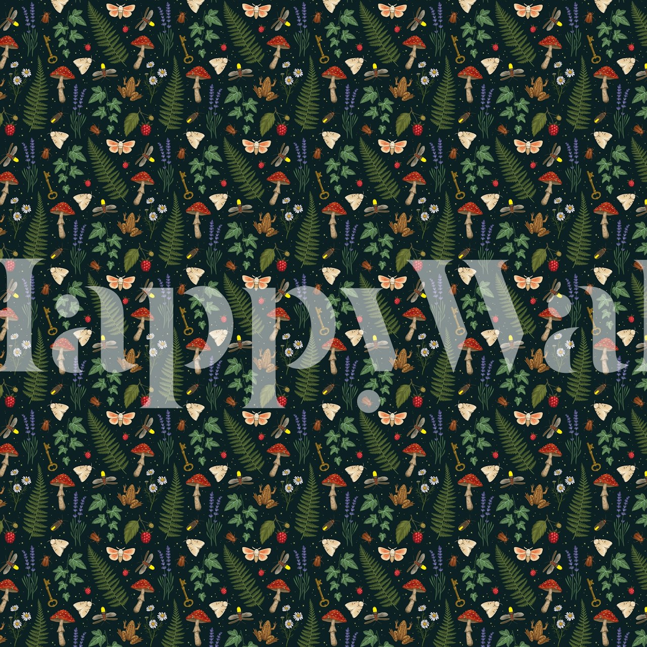 Dark green floral and butterfly pattern wallpaper