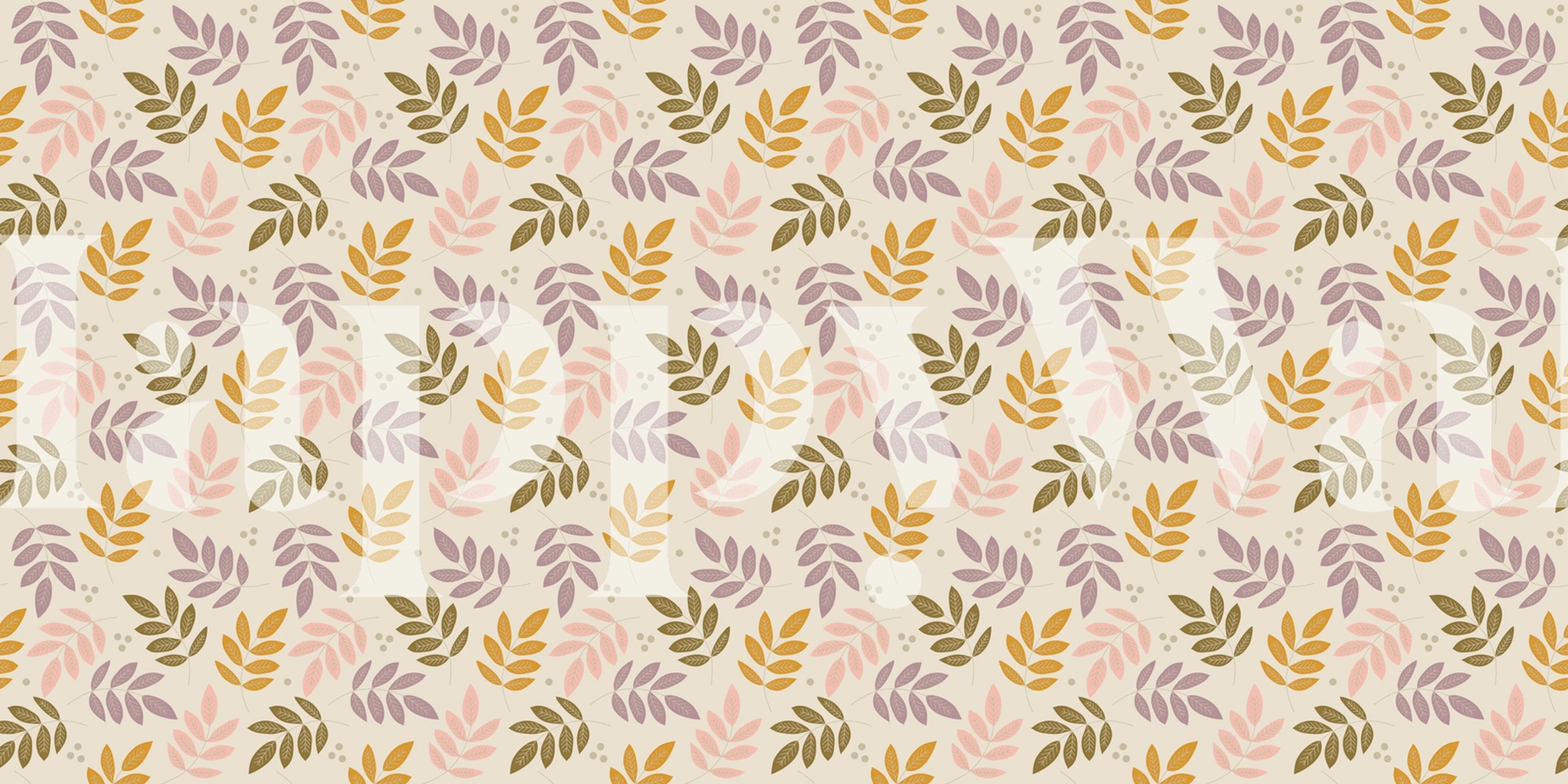 Floral leaves pattern in pink, purple, and gold on cream wallpaper