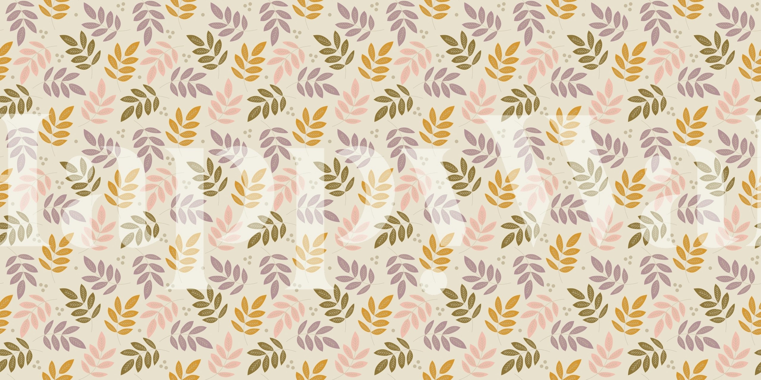 Floral leaves pattern in pink, purple, and gold on cream wallpaper