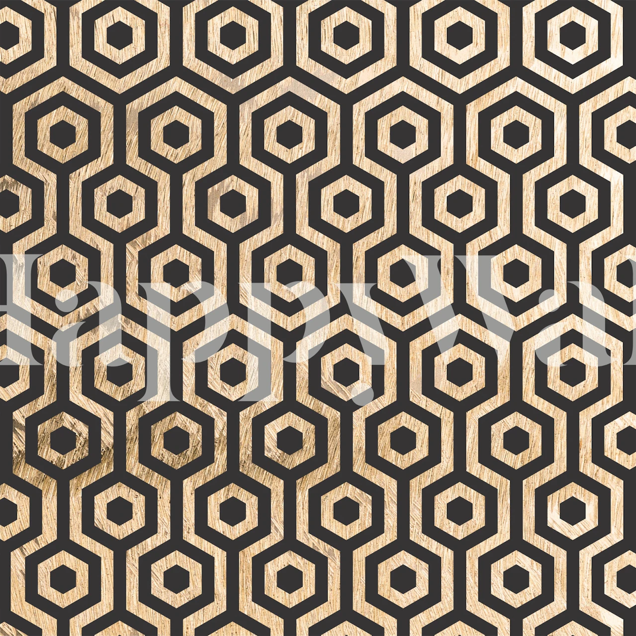 Black hexagon pattern with wood texture wallpaper