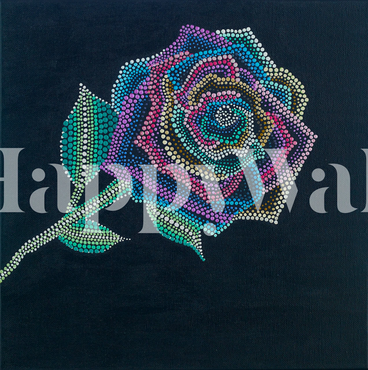 Colorful rainbow rose with green leaves on black background wallpaper