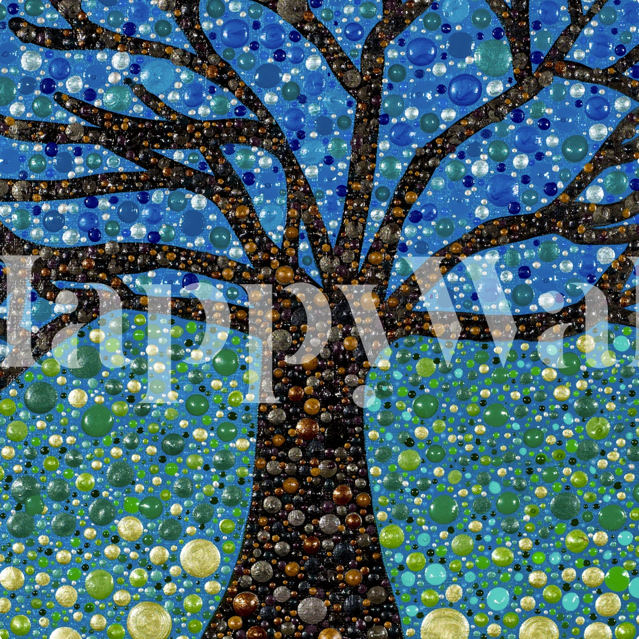 Artistic Path of Life wall mural with a central tree motif and pebble designs