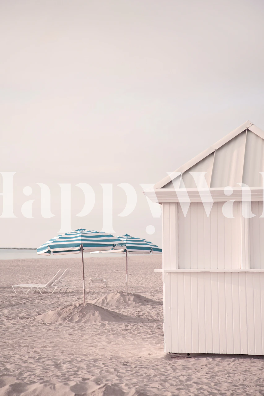 Pastel striped beach umbrellas and white beach hut wallpaper