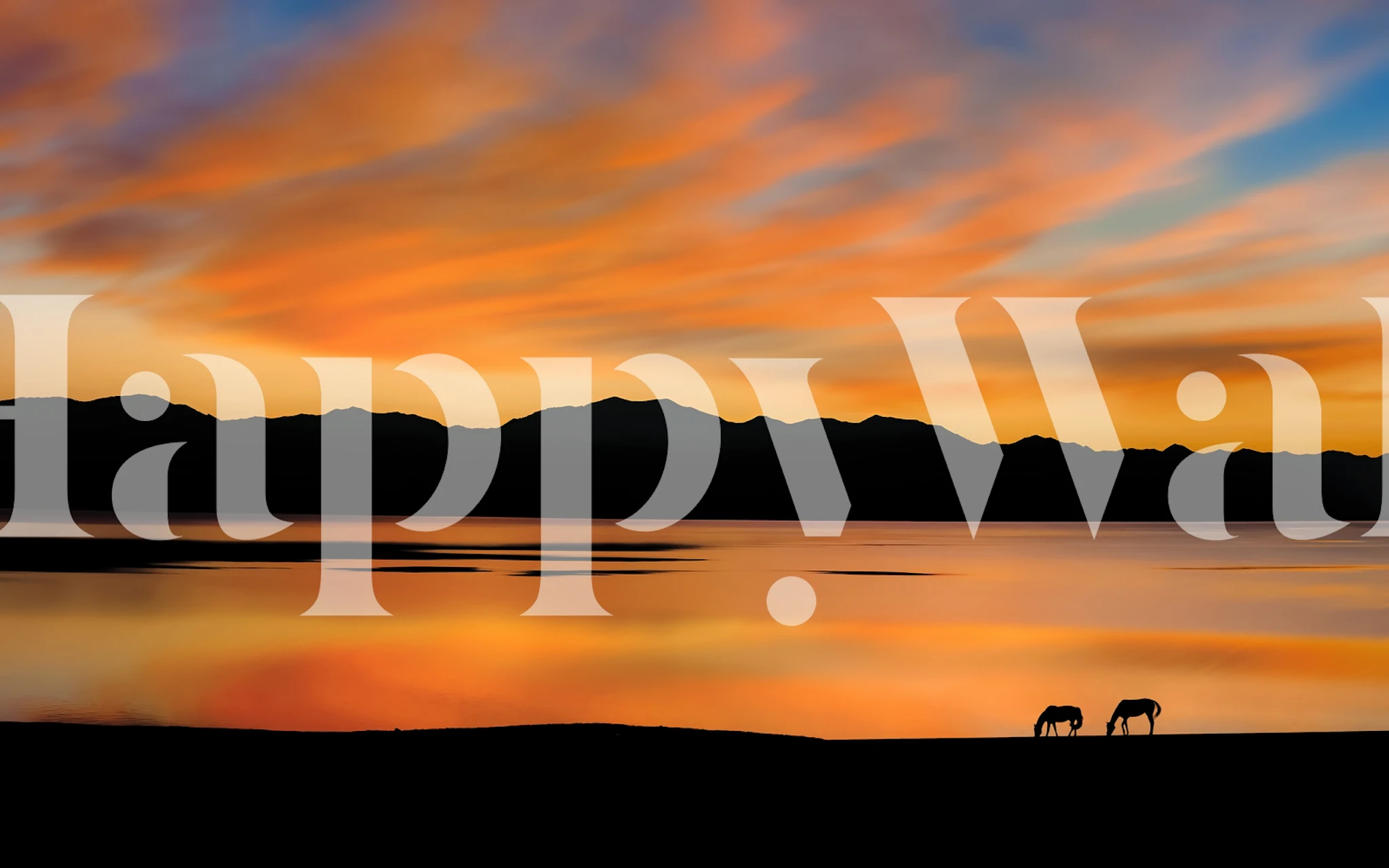 Tranquil sunrise over a lake with birds and mountains wall mural