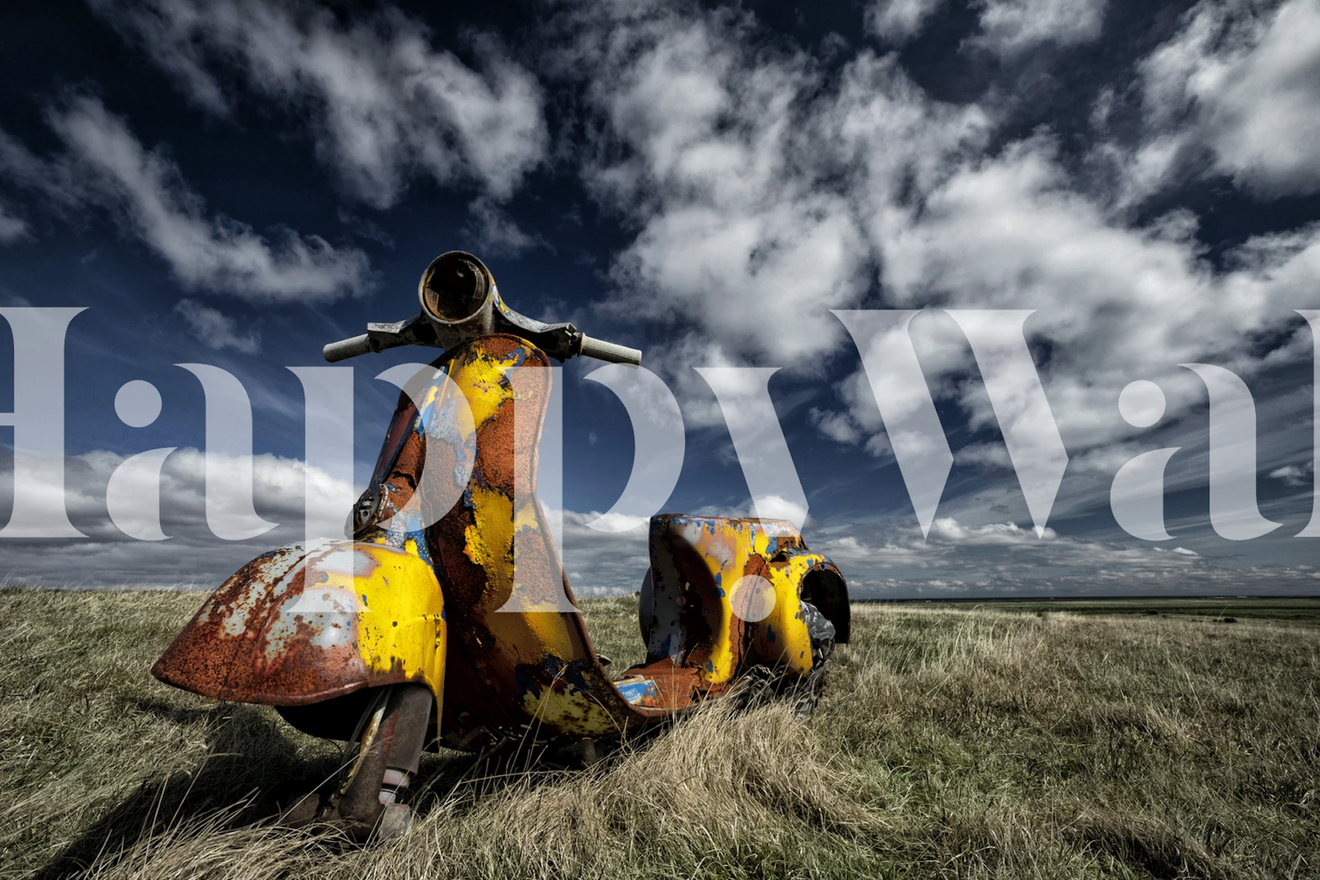 Vintage yellow scooter on a cloudy background wallpaper
