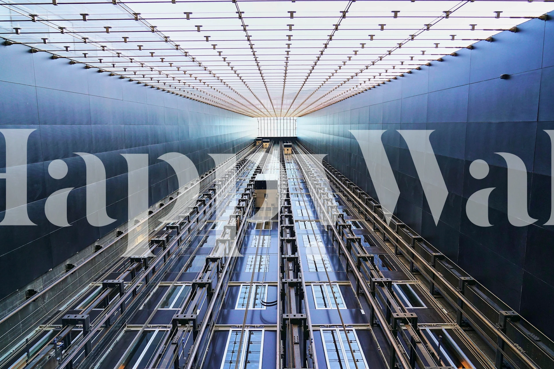 Skyscraper elevator interior with metallic structures wallpaper