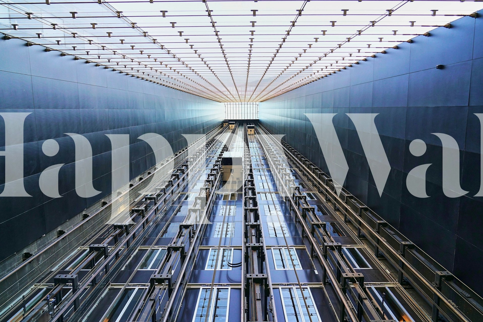 Skyscraper elevator interior with metallic structures wallpaper