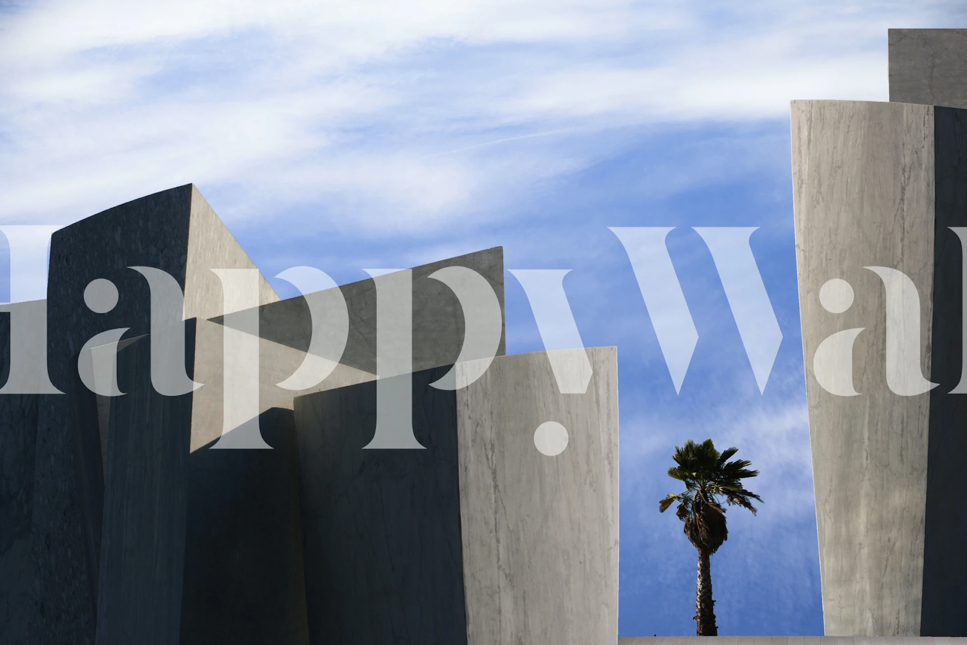 Abstract urban skyline wall mural with geometric buildings and a single palm tree