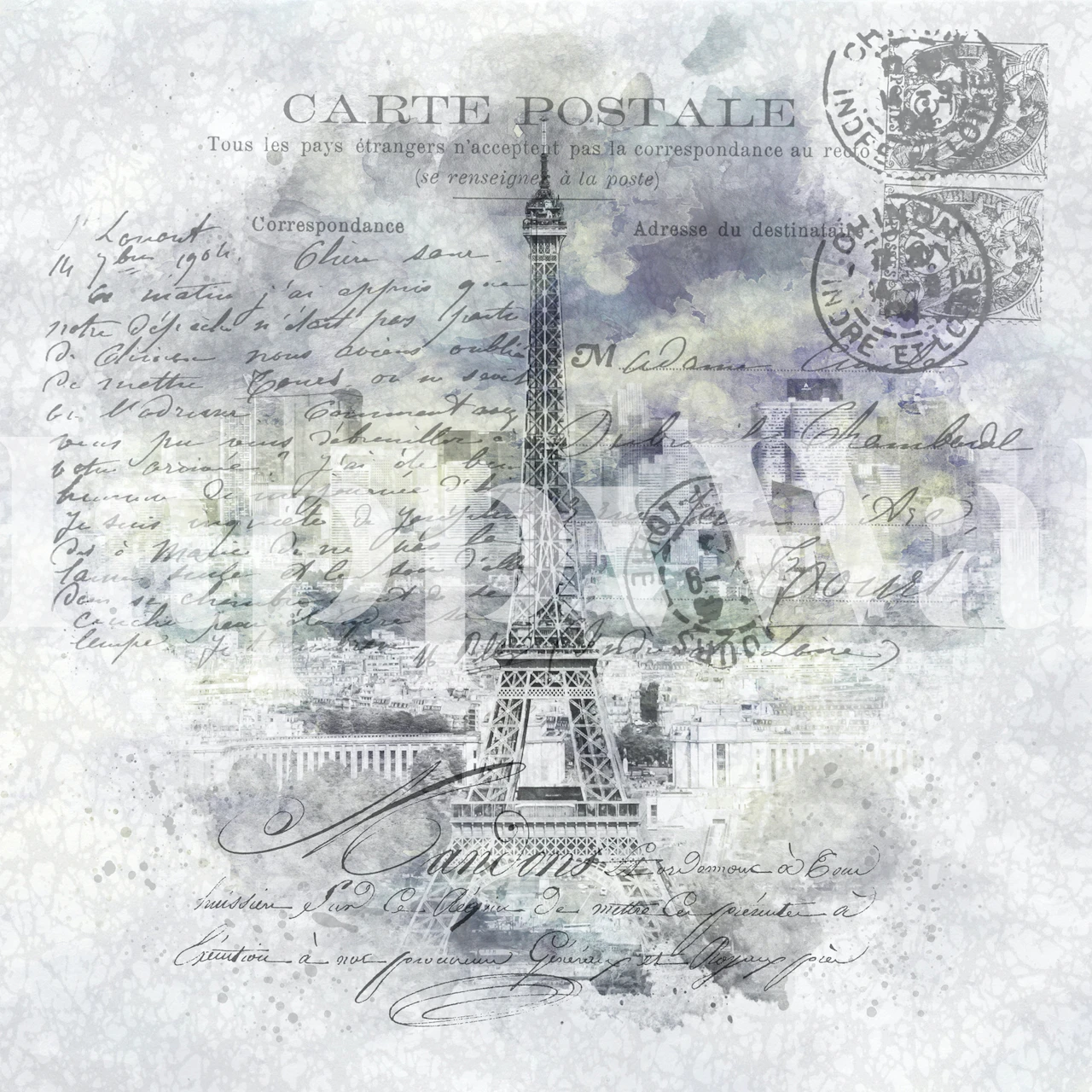 Eiffel Tower illustration with vintage postcard elements and soft colors wallpaper