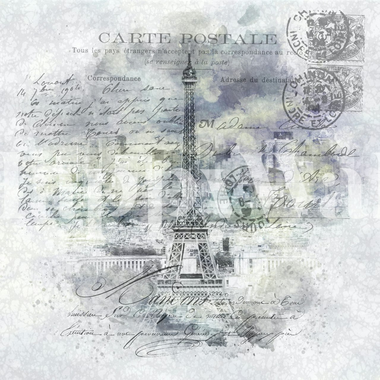 Eiffel Tower illustration with vintage postcard elements and soft colors wallpaper