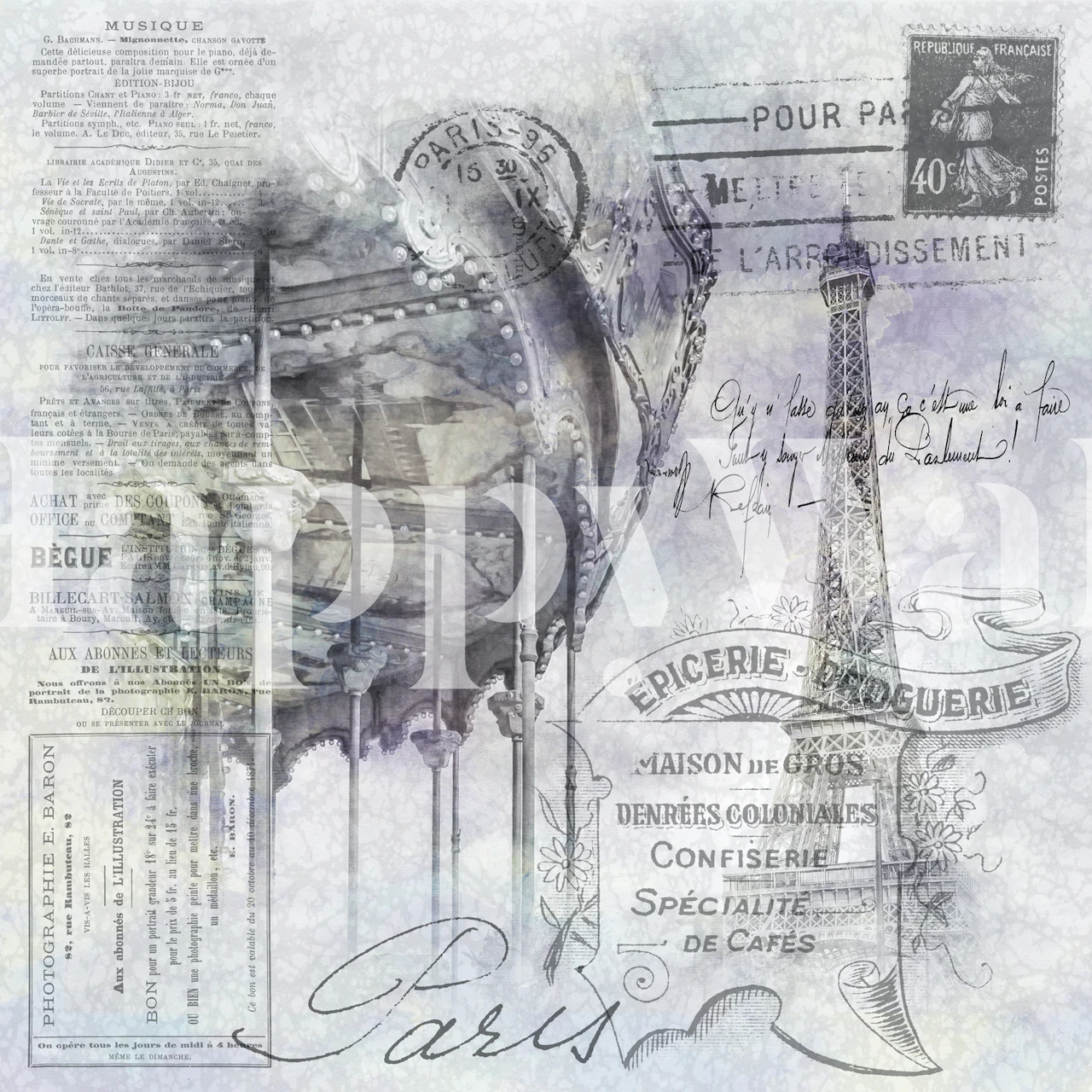 Papel pintado de Eiffel Tower y carousel en una habitación