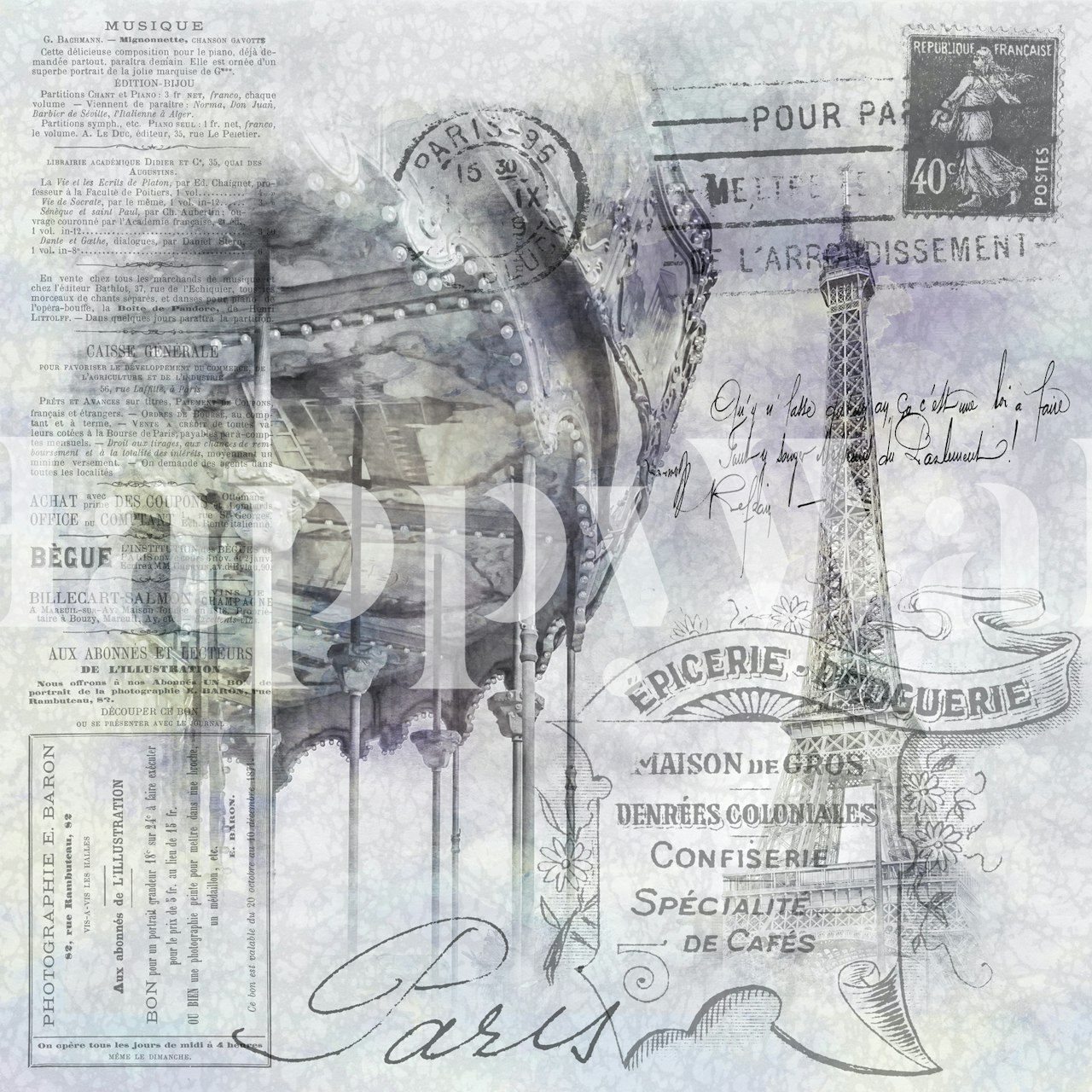 Eiffel Tower and carousel wallpaper in a room