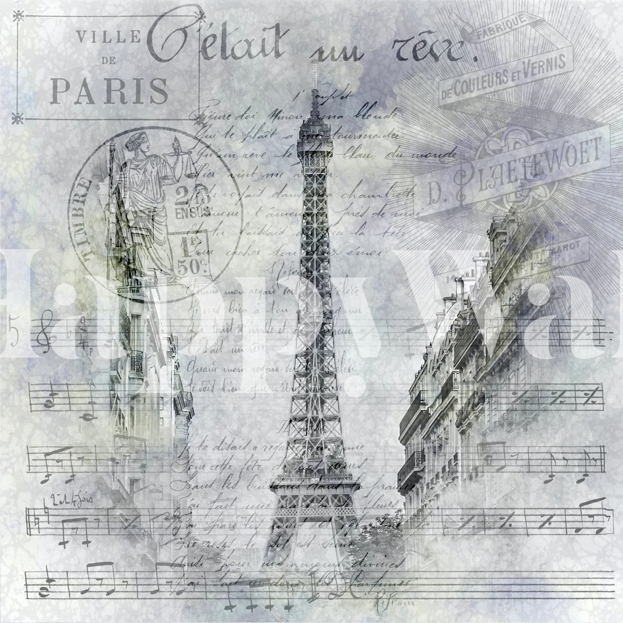 Eiffel Tower in Paris with vintage script and musical notes wallpaper