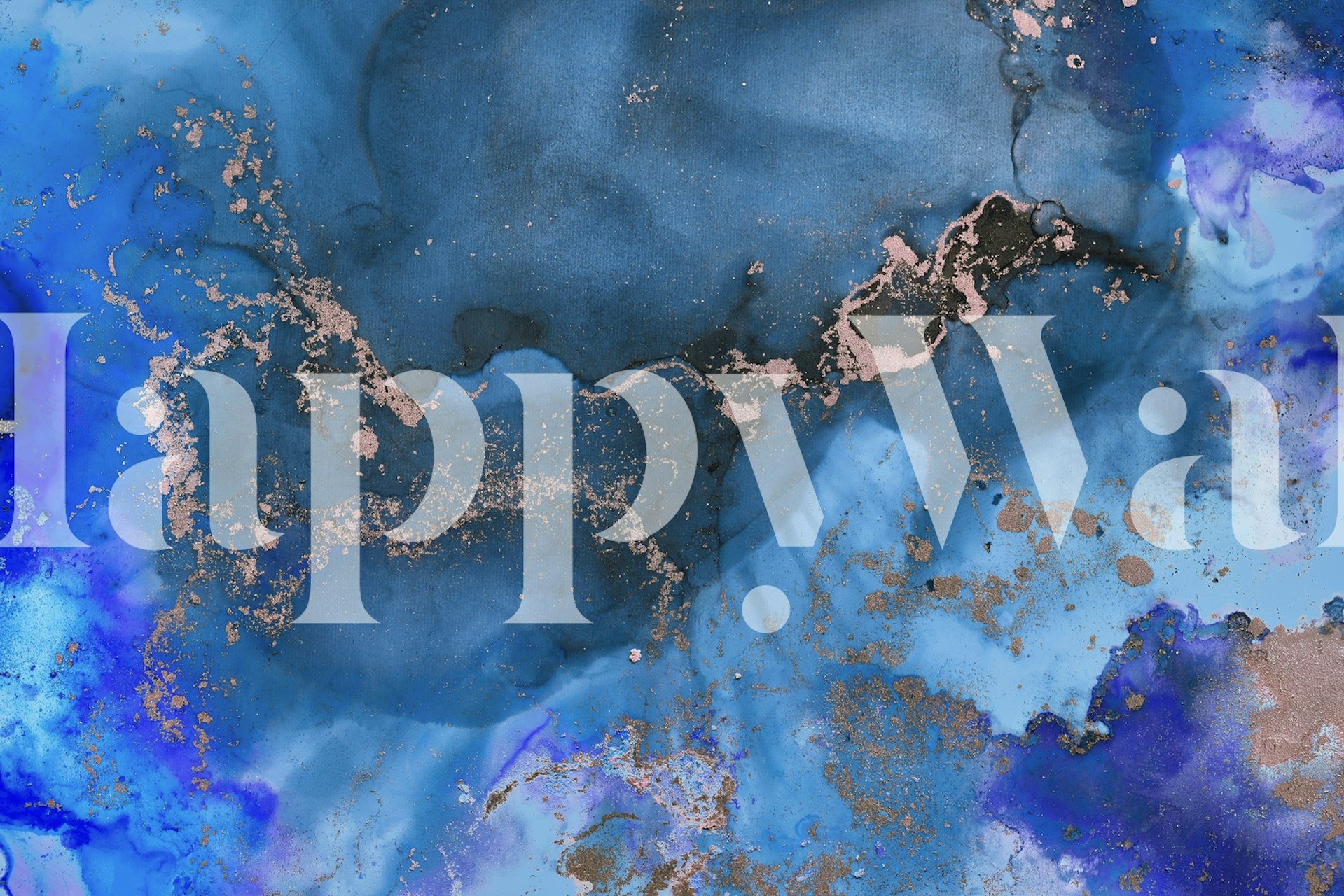 Abstract alcohol ink art wall mural in blue and turquoise with gold accents