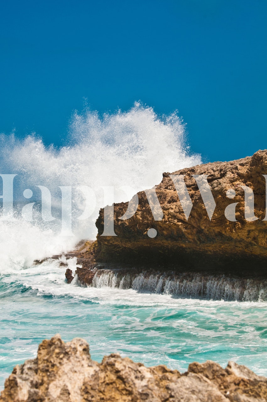 Coral rock with crashing waves and blue sky wallpaper