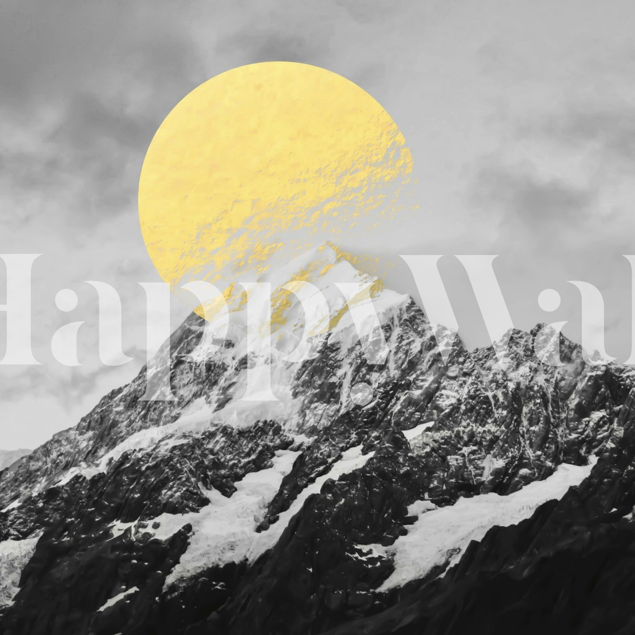 Black and white mountain landscape with a large yellow circle wallpaper