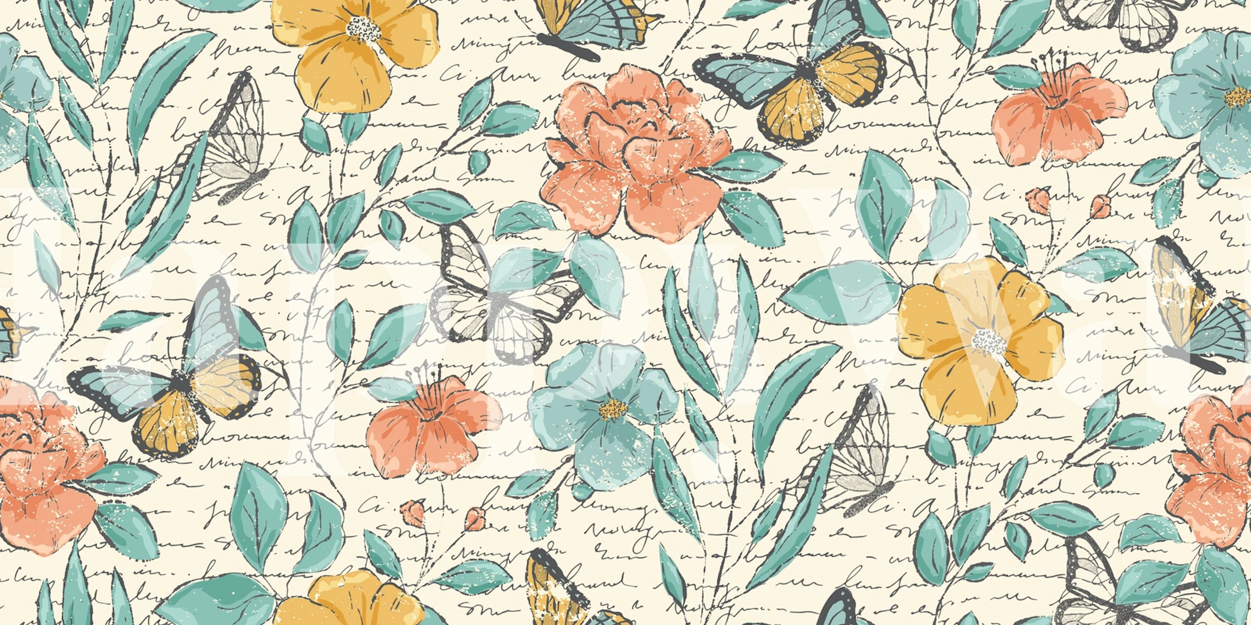Colorful flowers and butterflies on a beige background wallpaper
