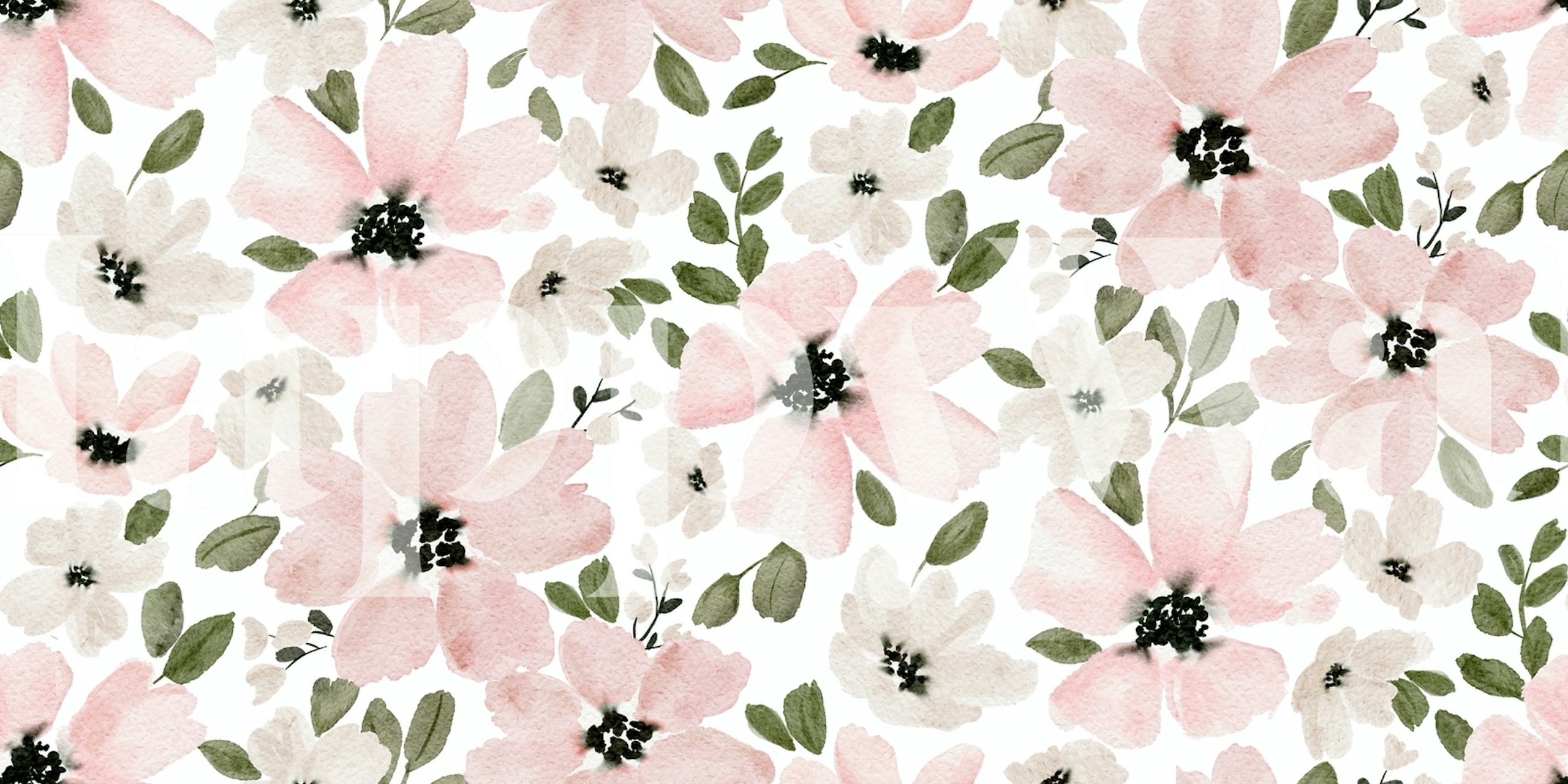 Watercolor floral wallpaper featuring pink and white flowers with green leaves