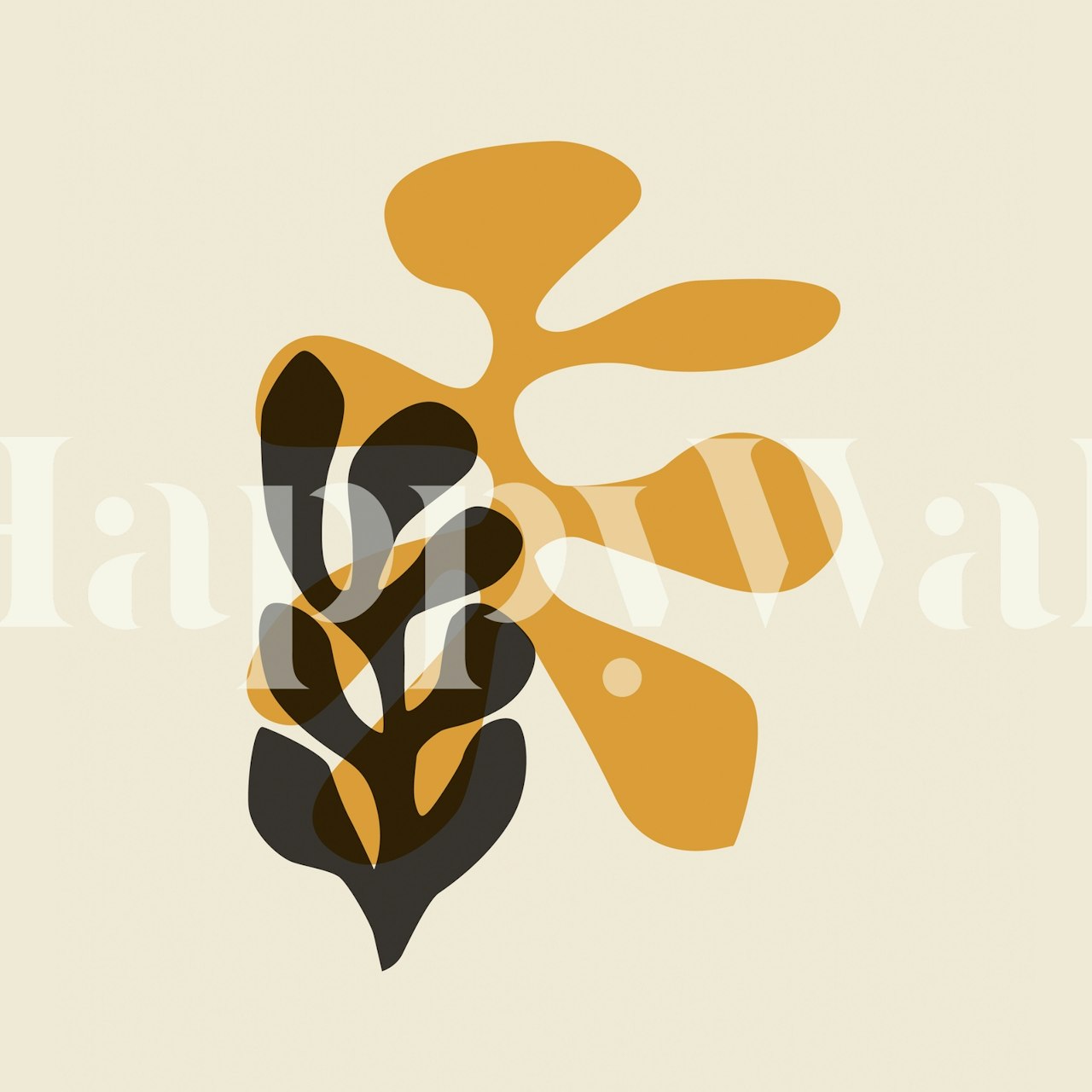 Abstract organic leaf shapes, yellow and black on beige wallpaper
