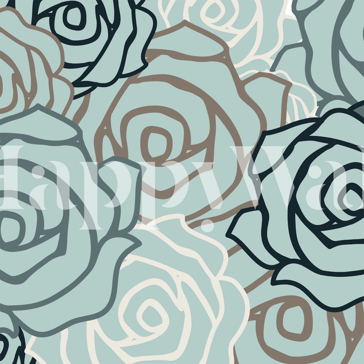 Duck Egg Blue Rose Pattern mural with soft blue roses and brown outlines for serene home decor