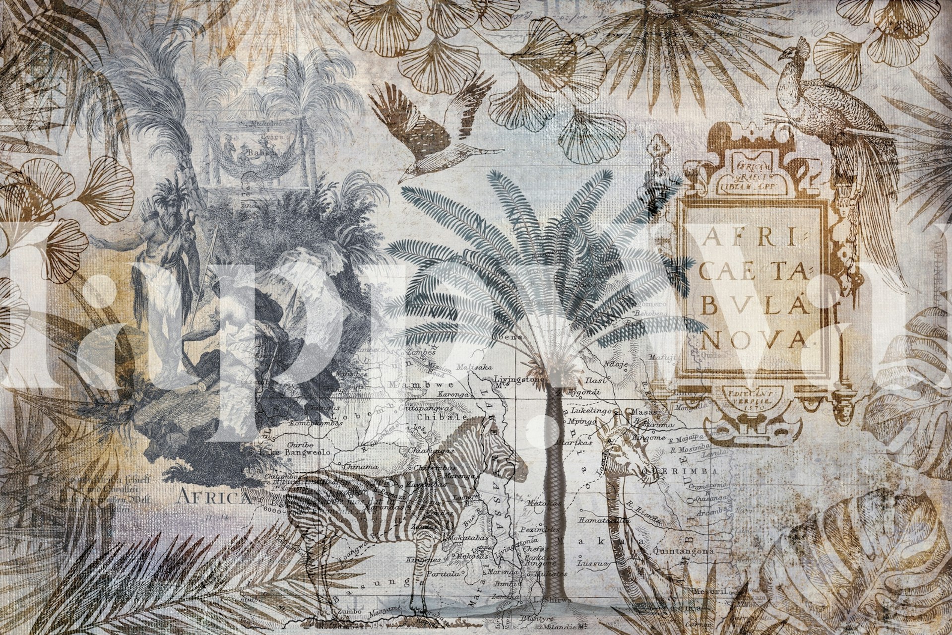 Wall mural with vintage African safari theme, including zebras and palm trees.