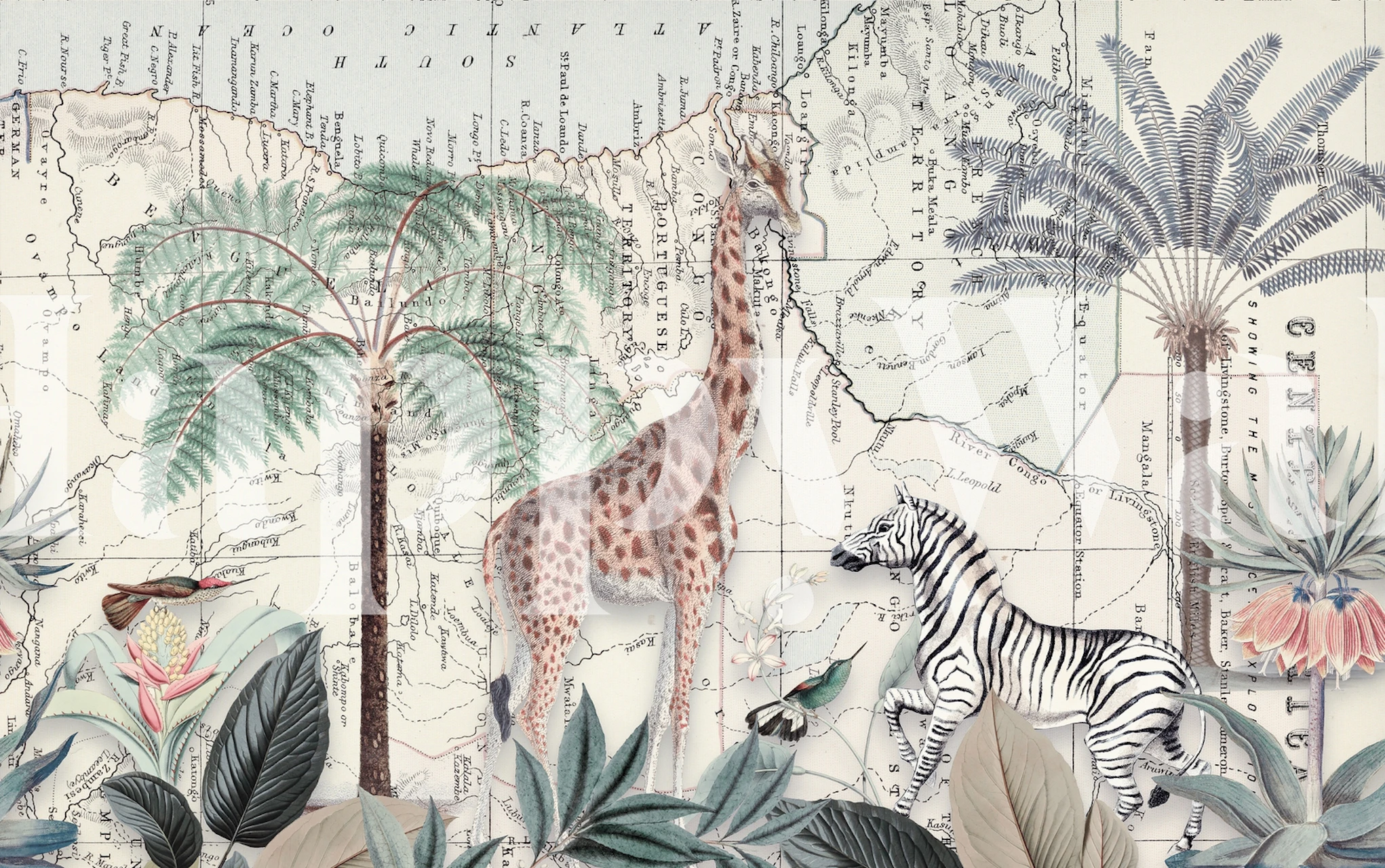 Giraffe, zebra, and tropical plants on vintage map wallpaper