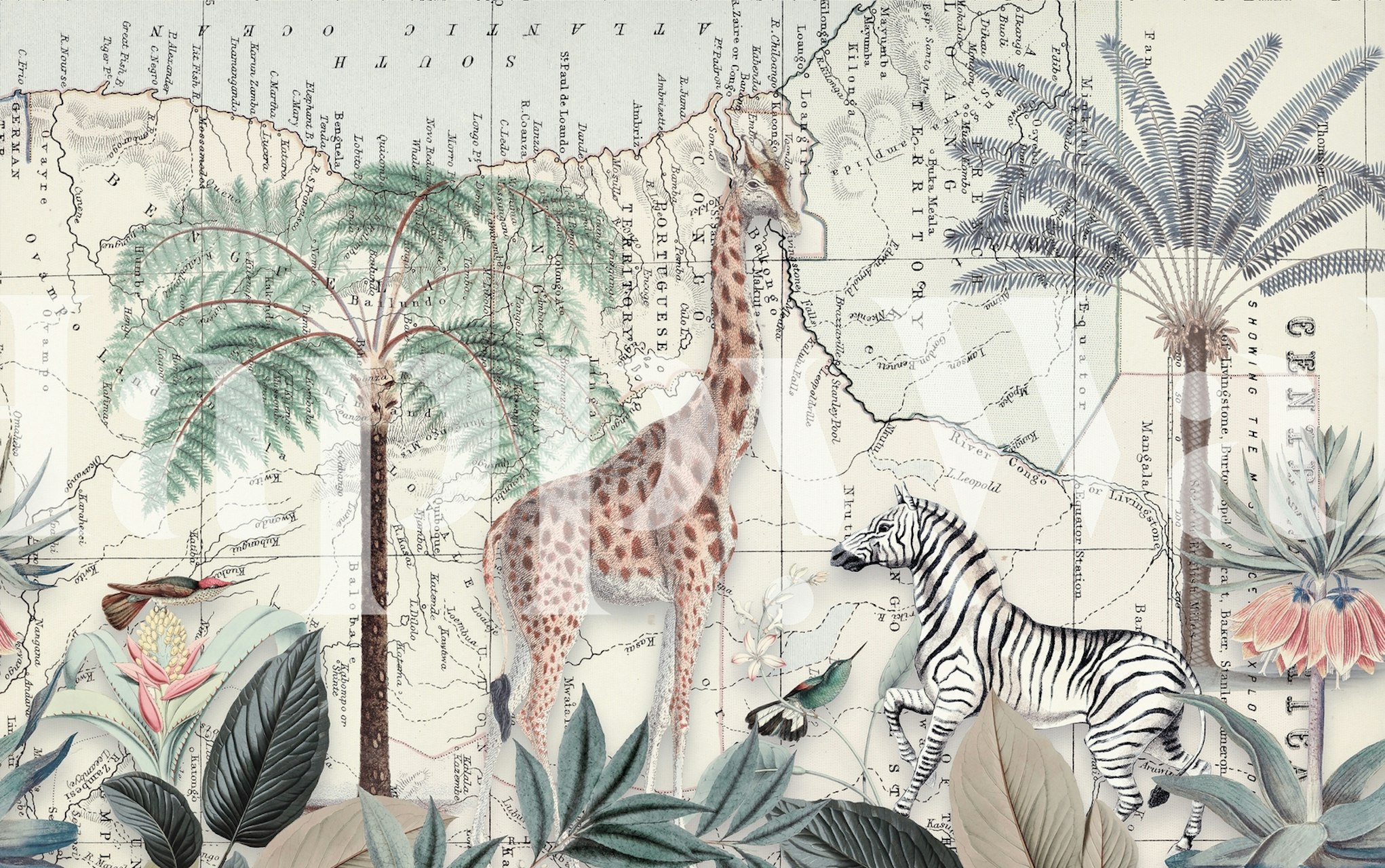 Giraffe, zebra, and tropical plants on vintage map wallpaper