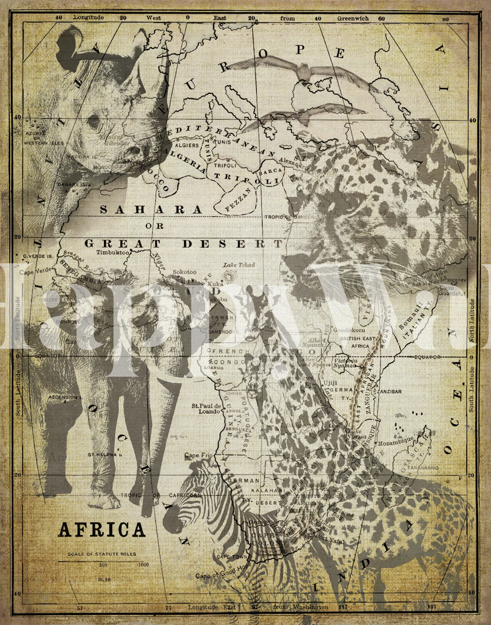 Vintage wildlife map featuring elephants, giraffes, leopards, and zebras in sepia tones wallpaper