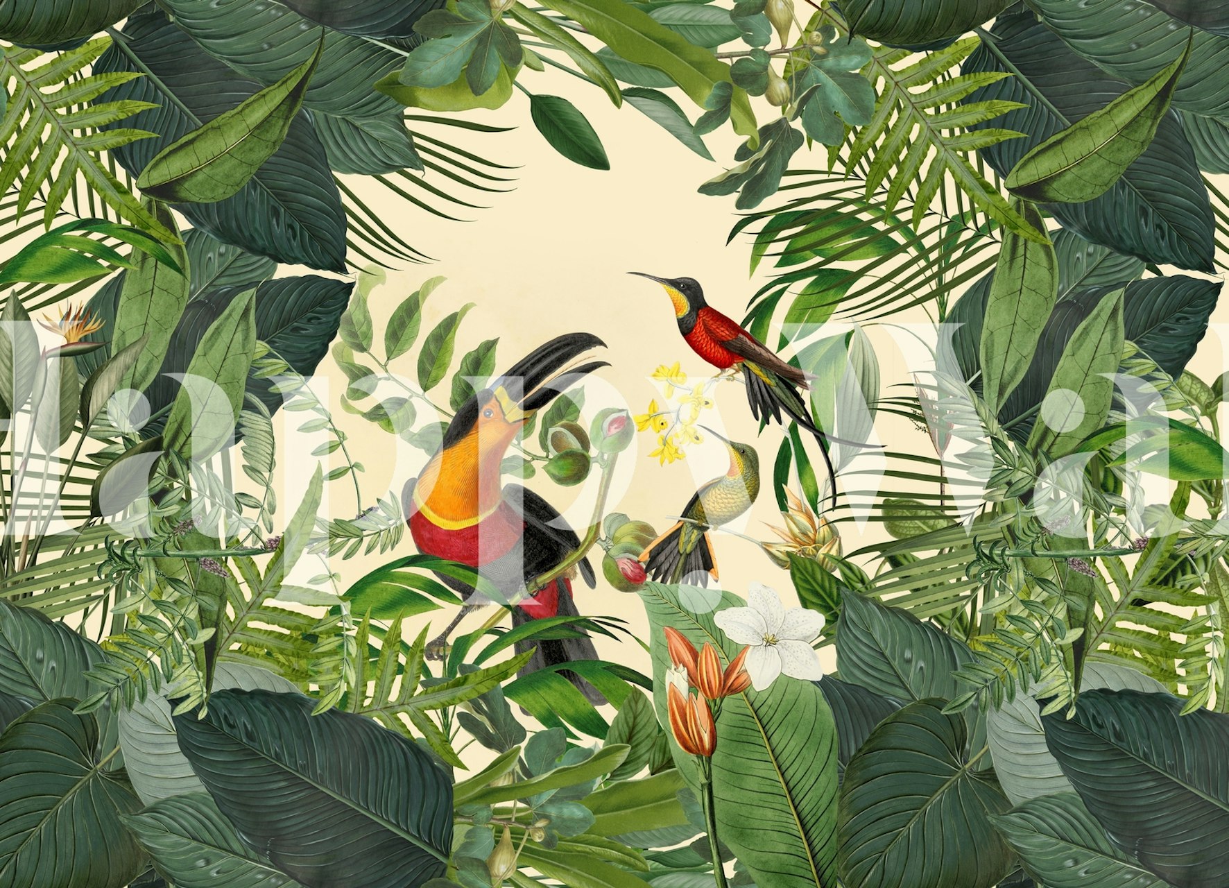Toucan birds surrounded by green leaves and flowers wallpaper