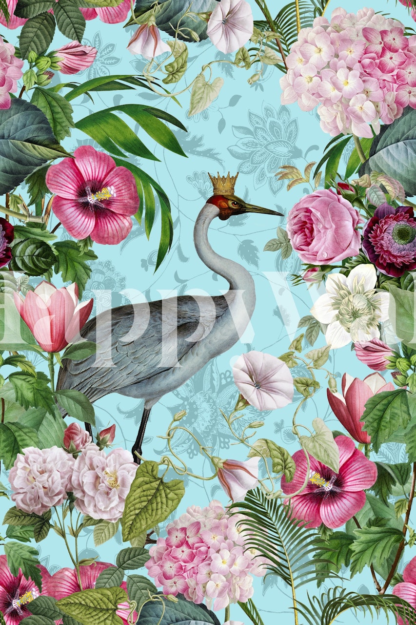 Crane Kings Romantic Garden wallpaper displayed in a room