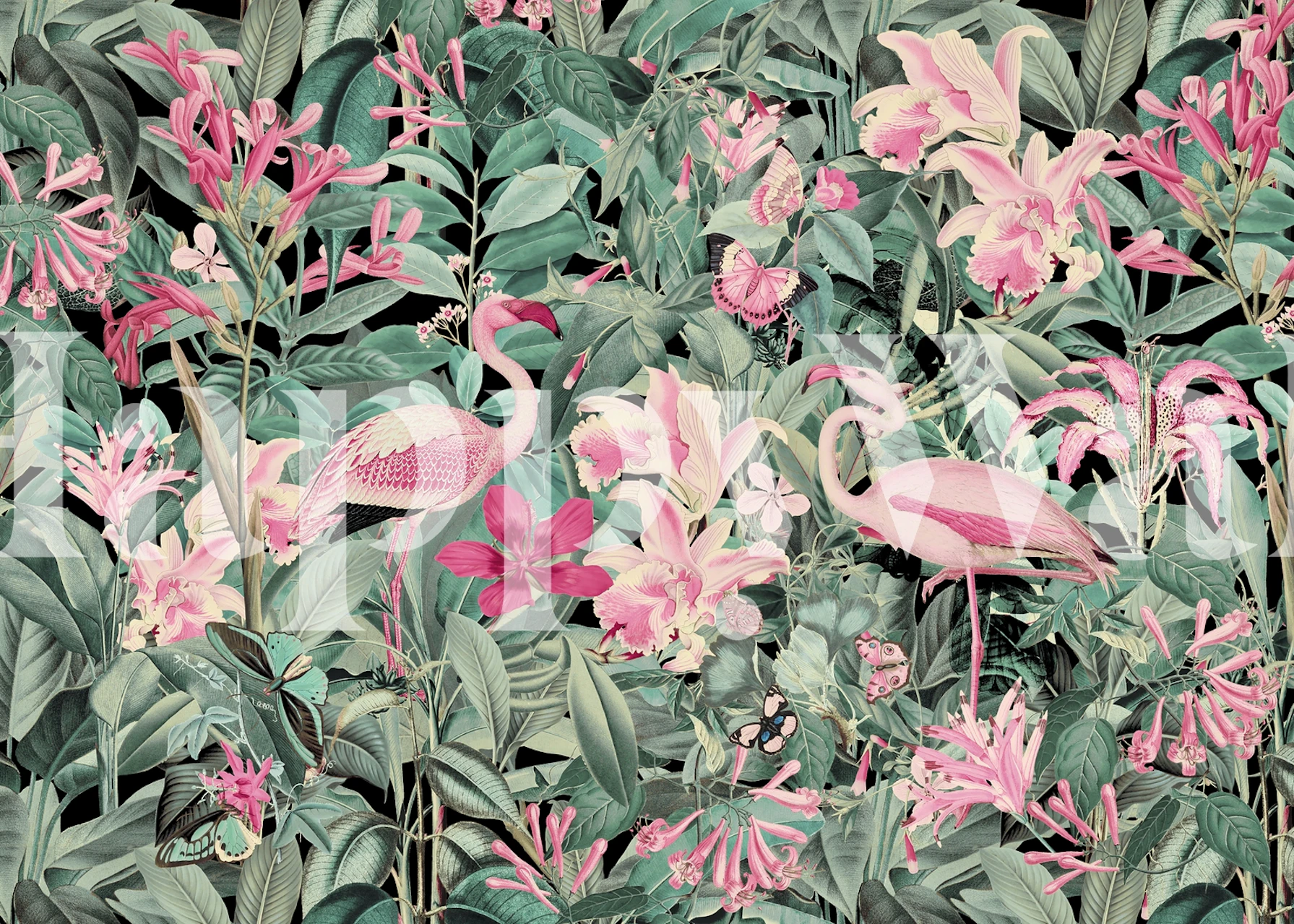 Pink flamingos among lush green leaves and flowers wallpaper