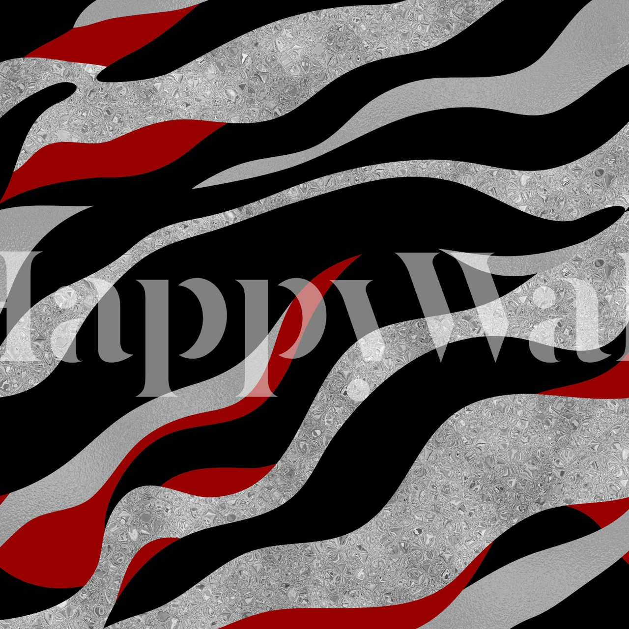 Abstract silver, charcoal, and red wave pattern wall mural