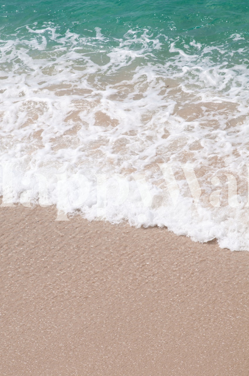 Emerald green and beige ocean waves gently crashing onto a sandy shore wall mural